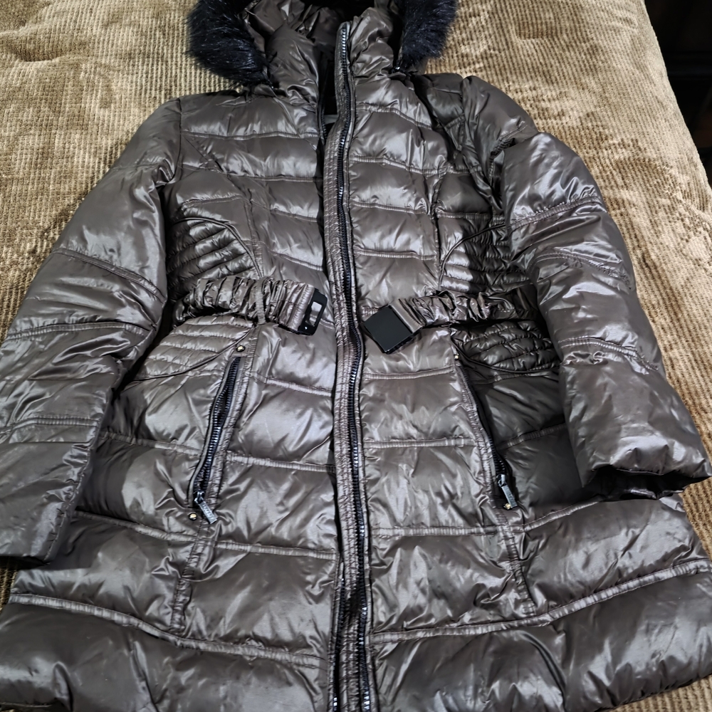 Laundry By Shelli Segal Brown Puffer Knee Length Coat With Faux Fur Hood & Belt